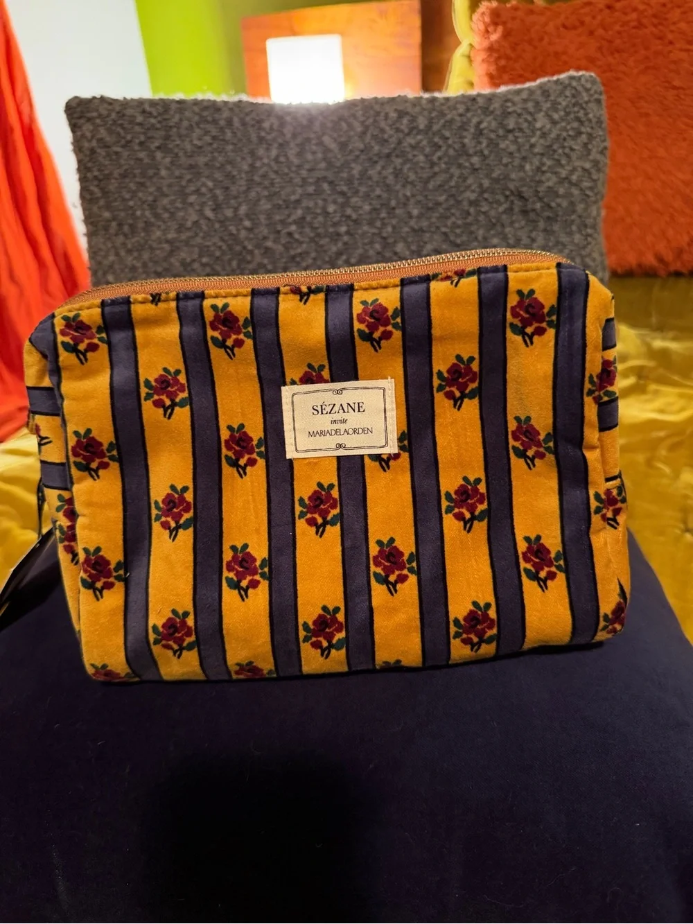 Sézane Yellow and Blue Striped Floral Cosmetic Pouch